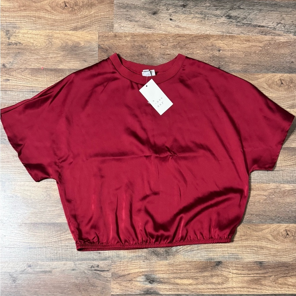 A New Day Burgundy Satin Short Sleeve Blouse Size S NWT